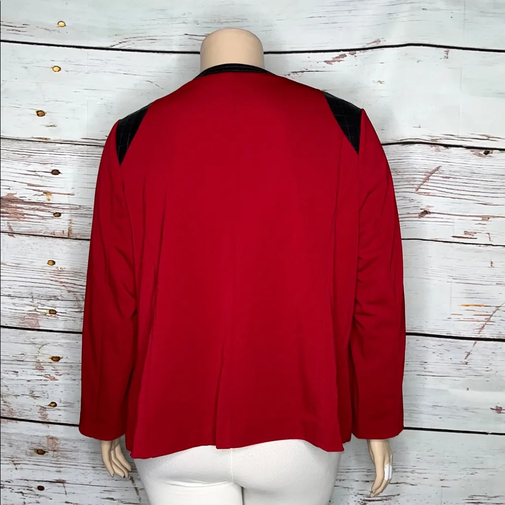Susan Graver NWT Size 1X Red - Black Faux Leather Trim Milano Knit Zip Up Jacket - Image 3