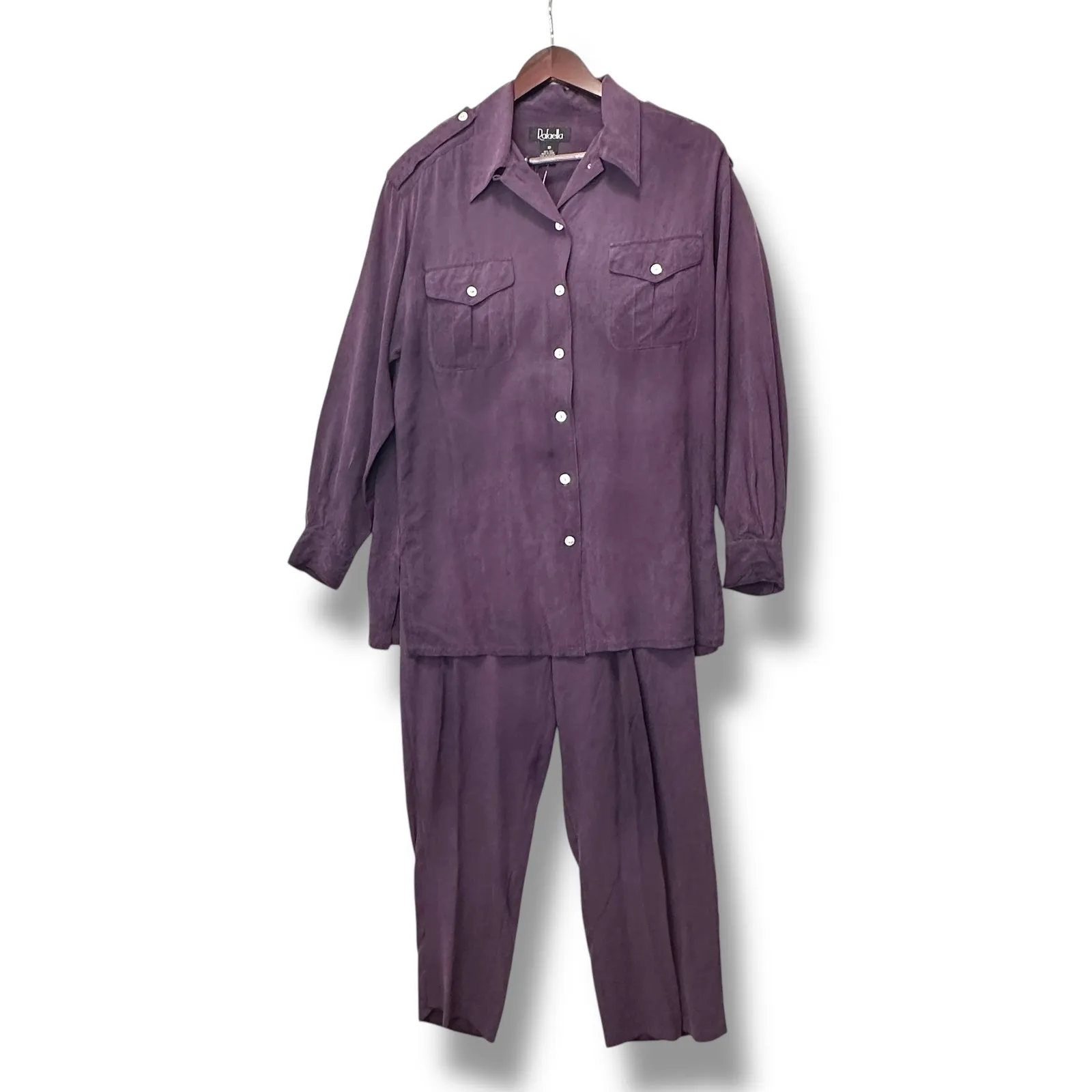Vtg 90s Rafaella 100% Silk Purple‎ Shirt & Pants Set Sz 10/12 Minimalist Classic - Image 5