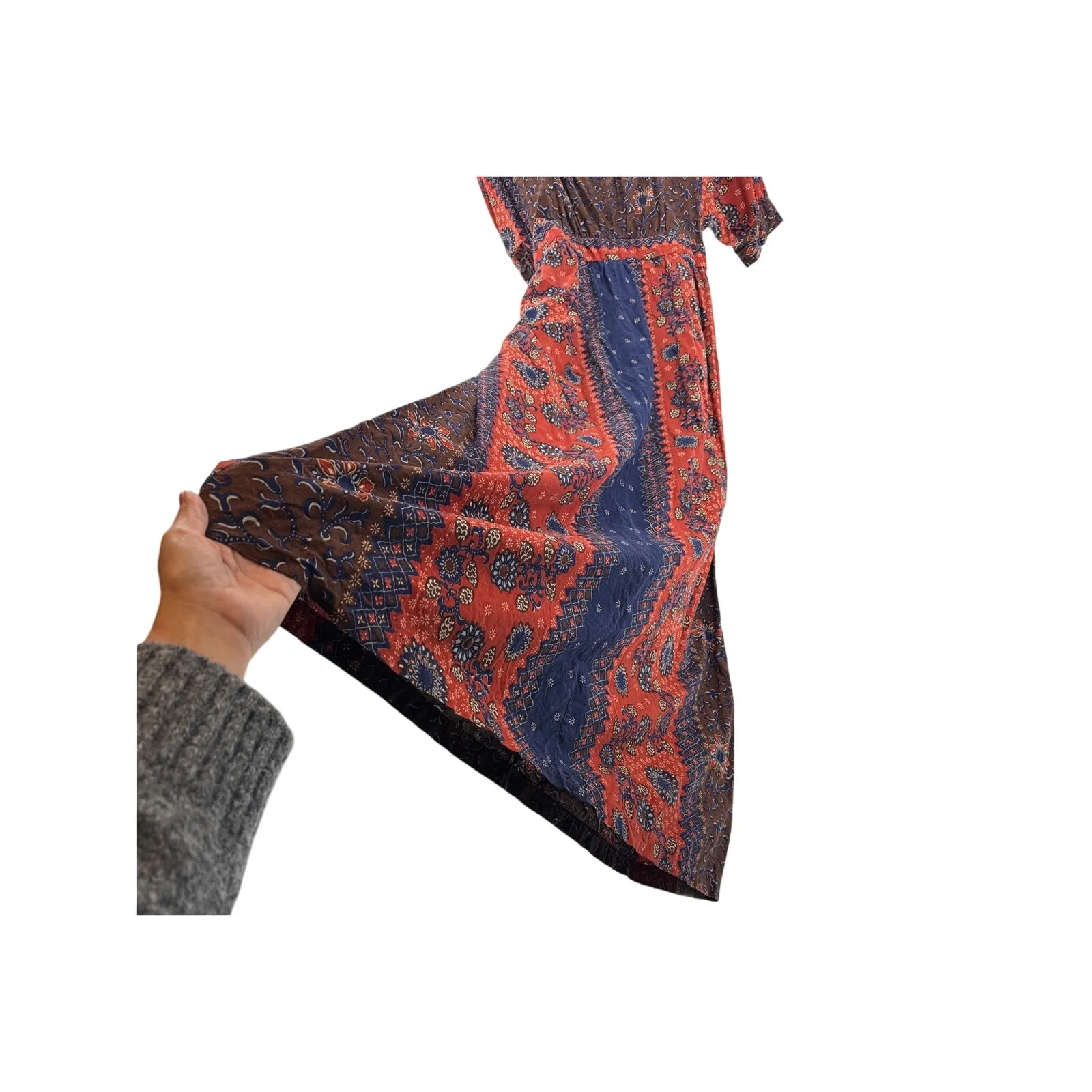 Vintage 70's Brown blue Floral Print Maxi Tie Back maxi Dress size L bohemian Size L - Image 7