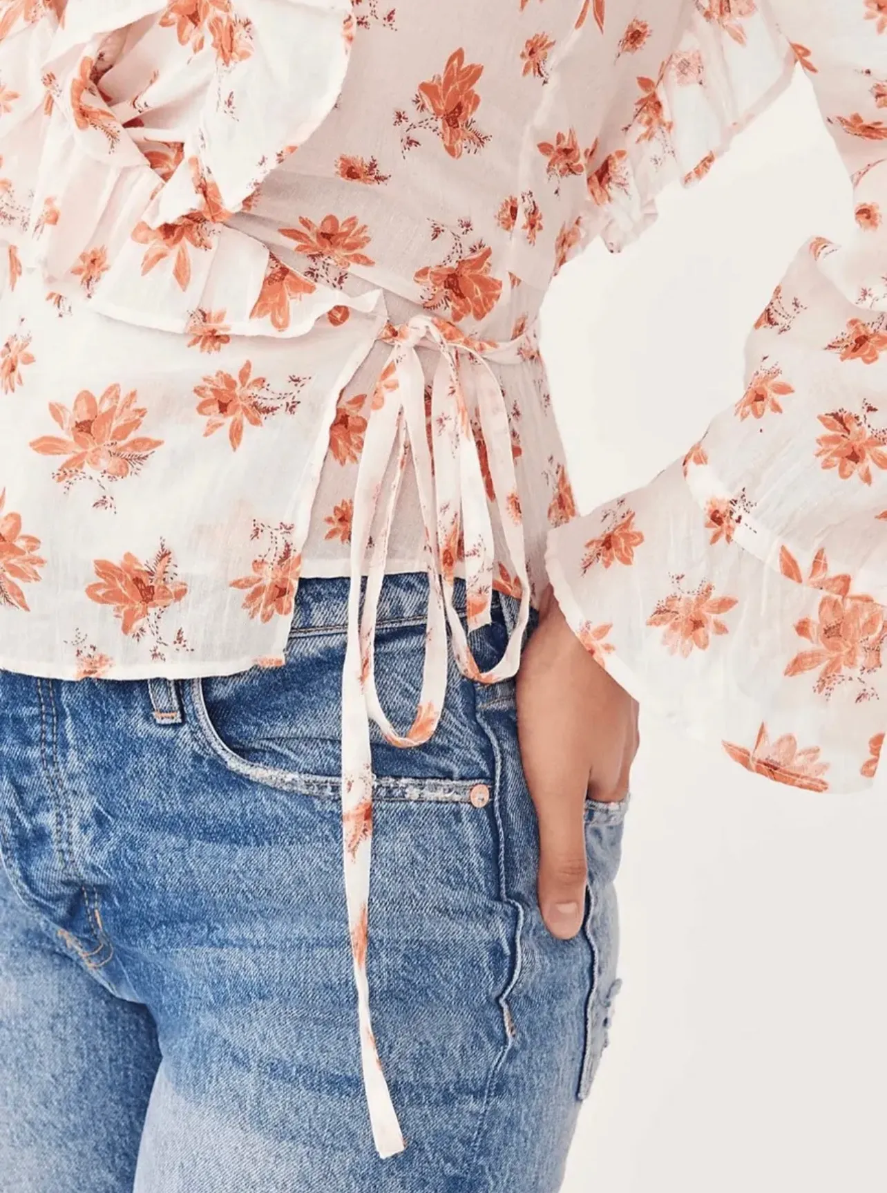 LARGE  Amanda Ruffle Floral Top Wrap Blouse Boho Ivory - Image 2