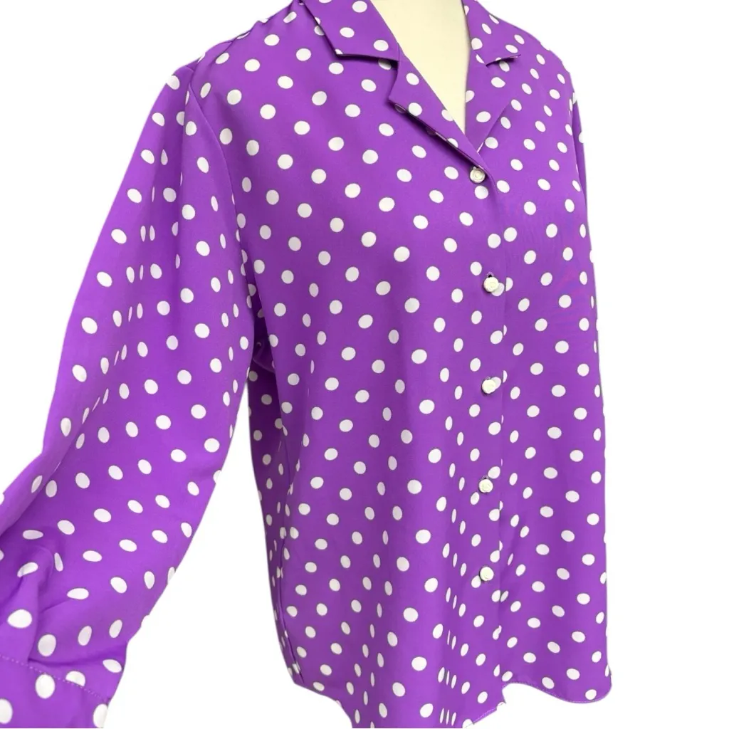 Vintage Purple Polka Dot Blouse White Dots Handmade Rose Button Front Top Size M Size L - Image 4