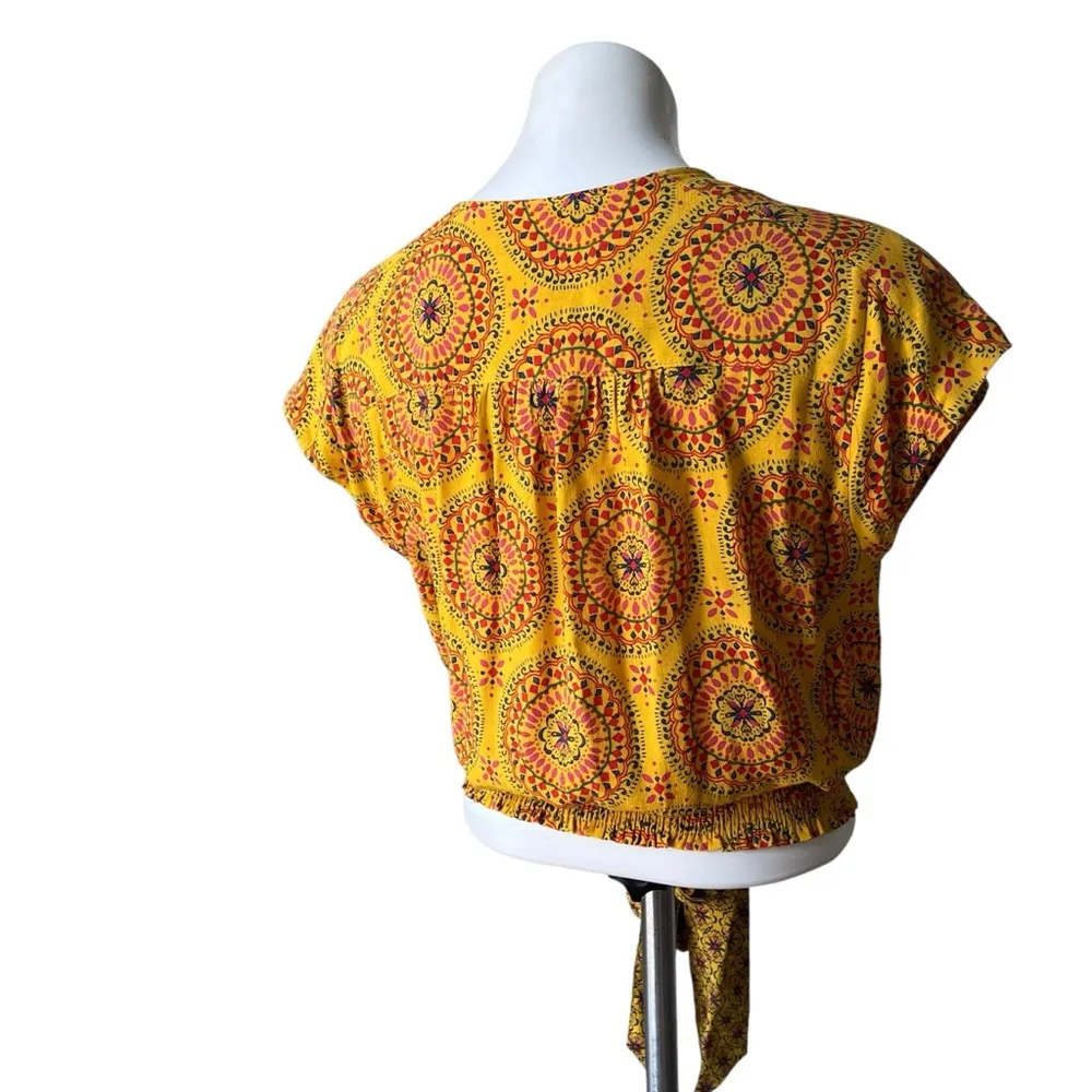 Anthropologie Maeve Cap Sleeve Wrap Top Mixed Media Yellow Printed Blouse, Sz S - Image 7