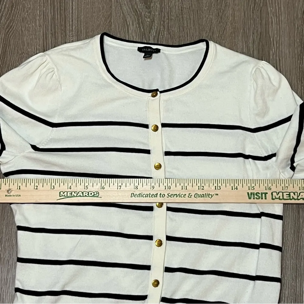 Talbots Black Ivory Striped Cardigan Puff Sleeve Sweater Size M Prep Careerwear​ - Image 6