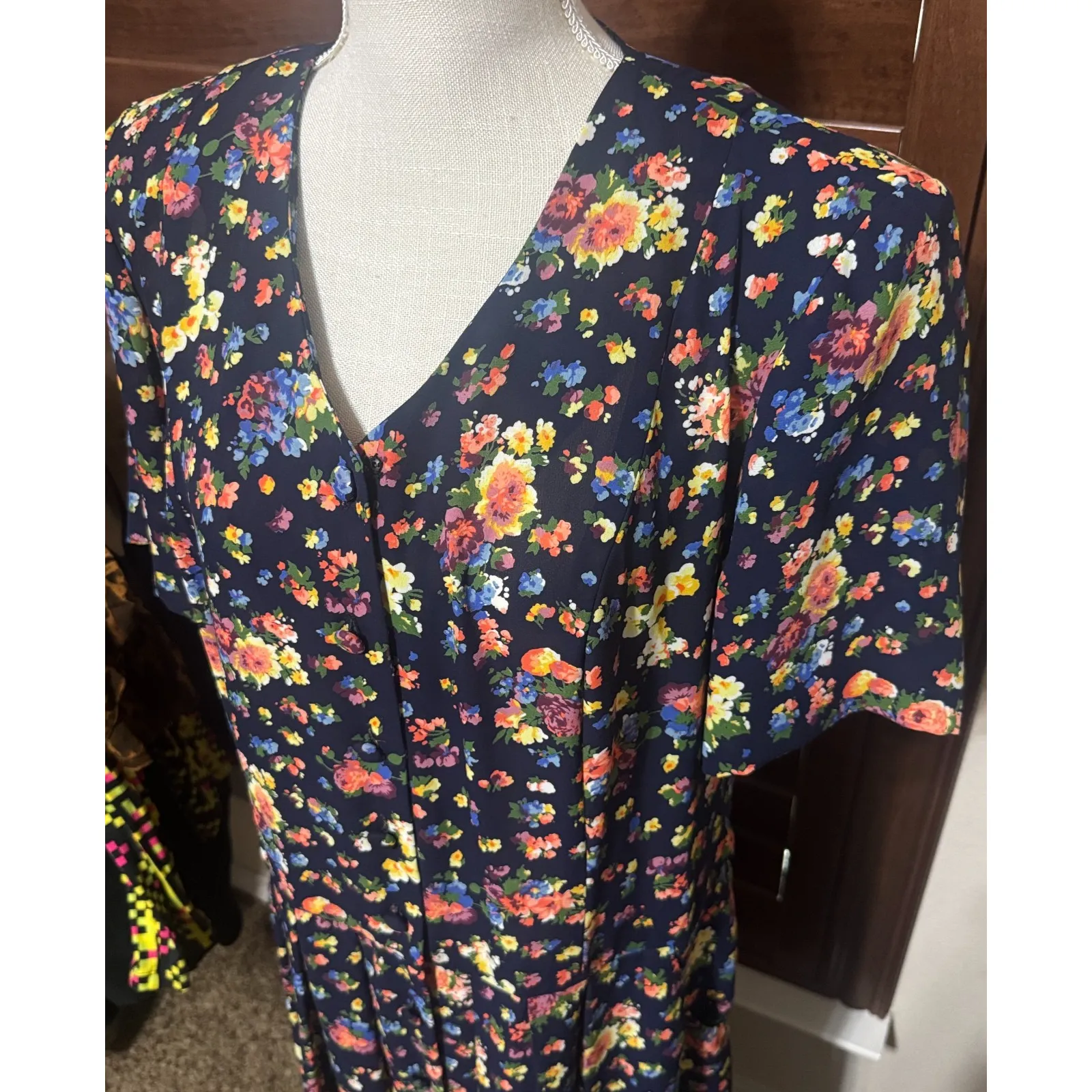 Vtg 90s LESLIE FAY Maxi Secretary Dress Navy Blue Floral Cottagecore 14 pockets - Image 4