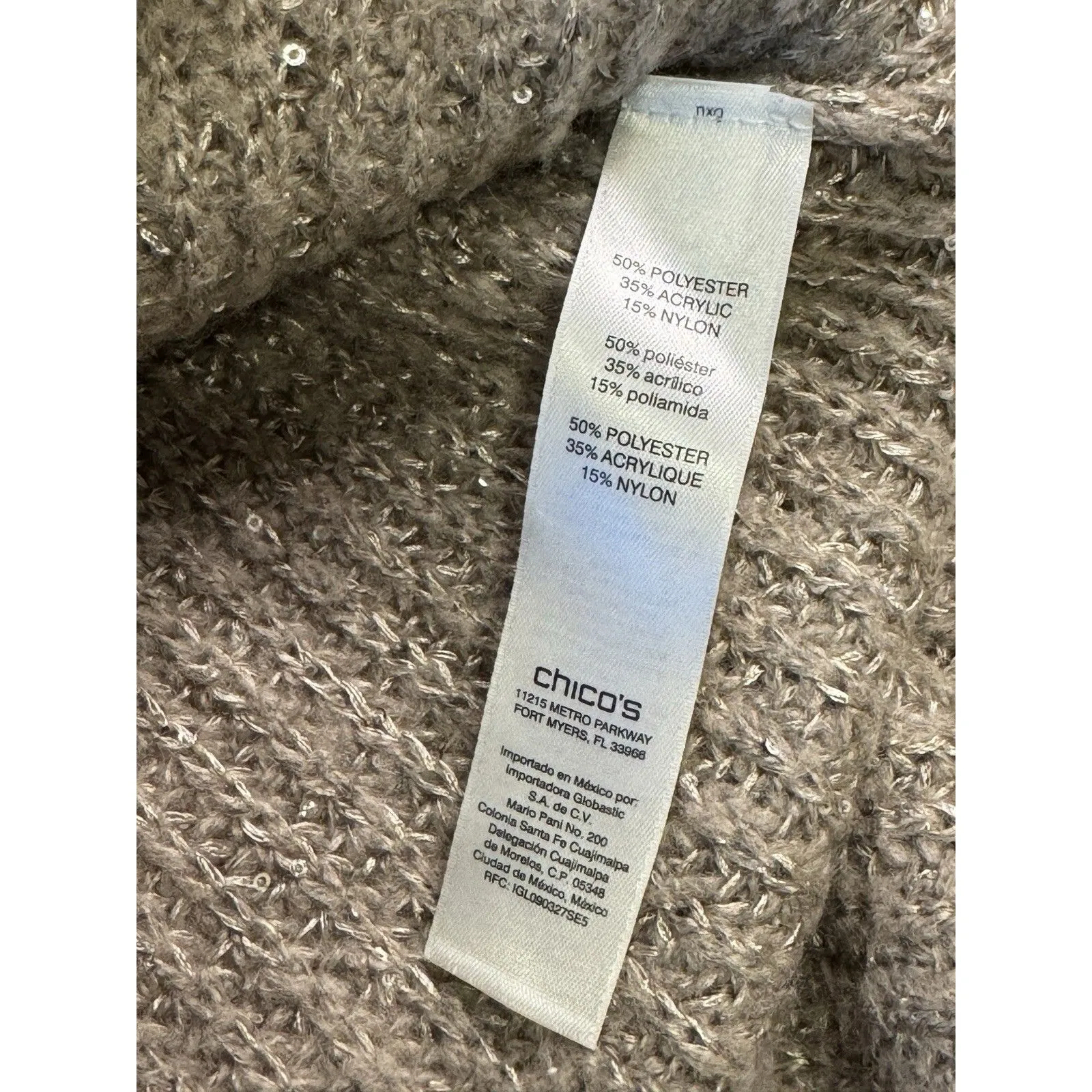 Chico’s Tonal Shine Sweater Size 1 Medium Taupe Tan Metallic Sequins Pullover - Image 8