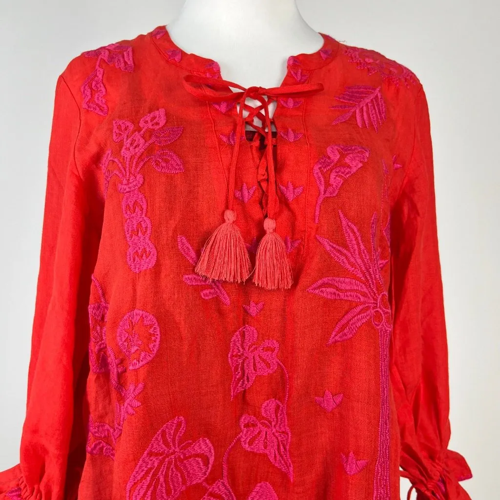 NWOT Johnny Was Ramie Embroidery Ruffles Red Luciana Tie Front Sleeve Dress M - Image 5
