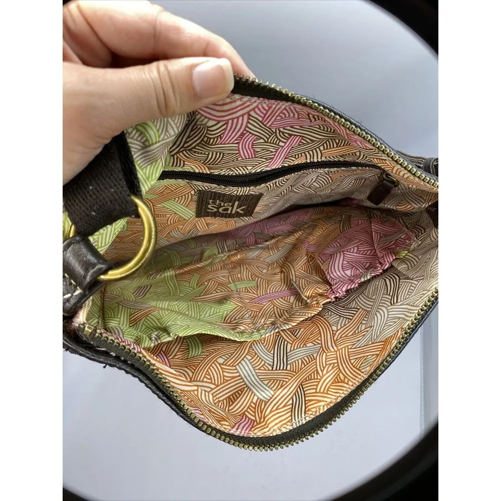 SAK Iris Leather Crossbody Satchel bronze‎ glitter panels stitching detail - Image 10