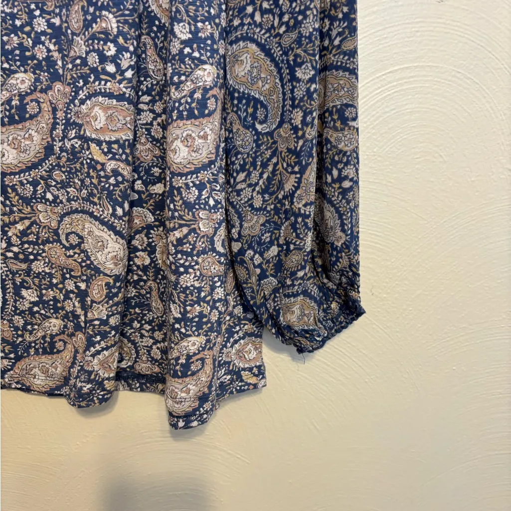 Lucky Brand Blue Paisley Boho Blouse XL Tie Neck Long Sleeve - Image 8
