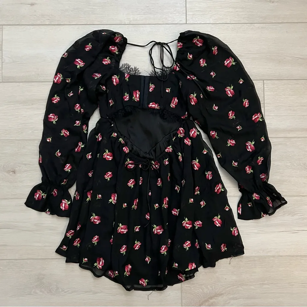 For Love & Lemons Floral Dress Sheer Sleeves Rose Detail Cottagecore Romantic - Image 5