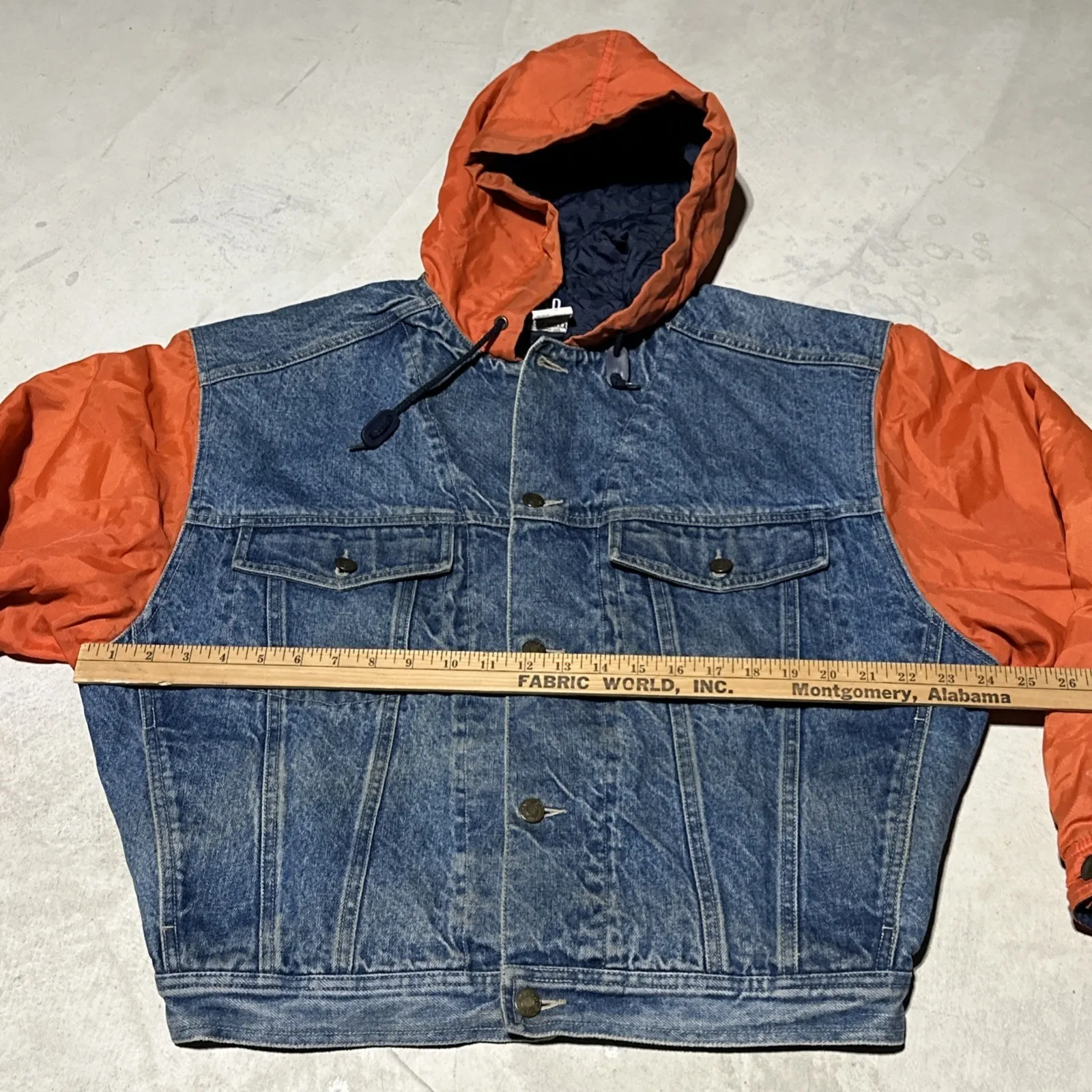 Vintage 90's The Gap Denim SZ Small Jean Jacket W/ Hood Orange Sleeves HipHop - Image 8