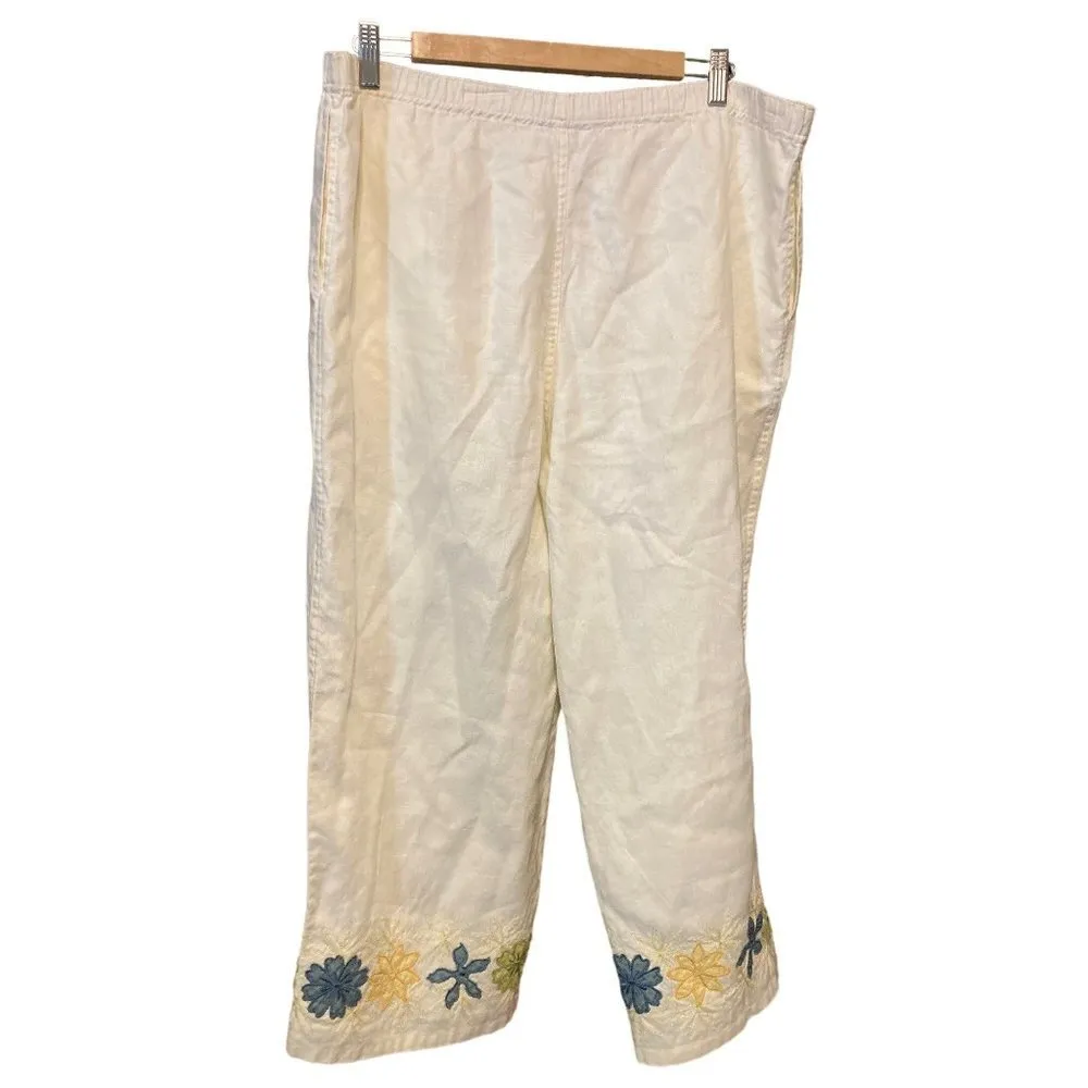 Womens Wildroot Linen Cream Medium Pant Embroidered Applique Elastic Waist PKTS Green Size undefined - Image 3