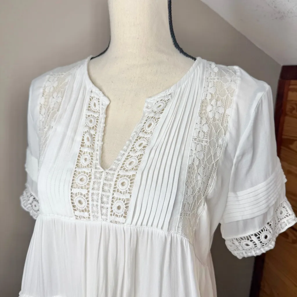 Anthropologie Maeve Tiered Lace V-Neck Tunic Blouse White Small S Crochet Boho - Image 4