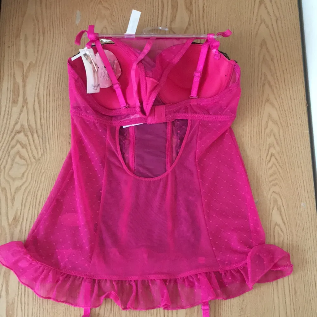 #1 New Playboy Vintage Sexy Padded Bustier With Thong Hot Pink Black size Medium - Image 5