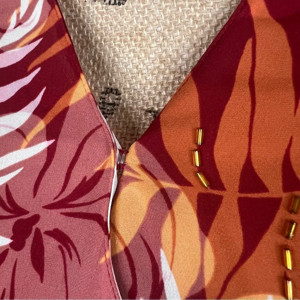 Sz 2P Kate Hill 100% Silk Red & Orange Beaded Faux Wrap Top - Image 7