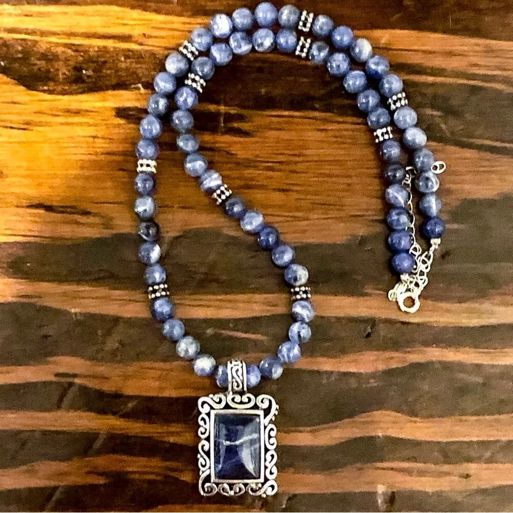 Sodalite Beaded Choker Necklace Lapis Lazuli Sterling Silver Pendant Extension Blue - Image 13