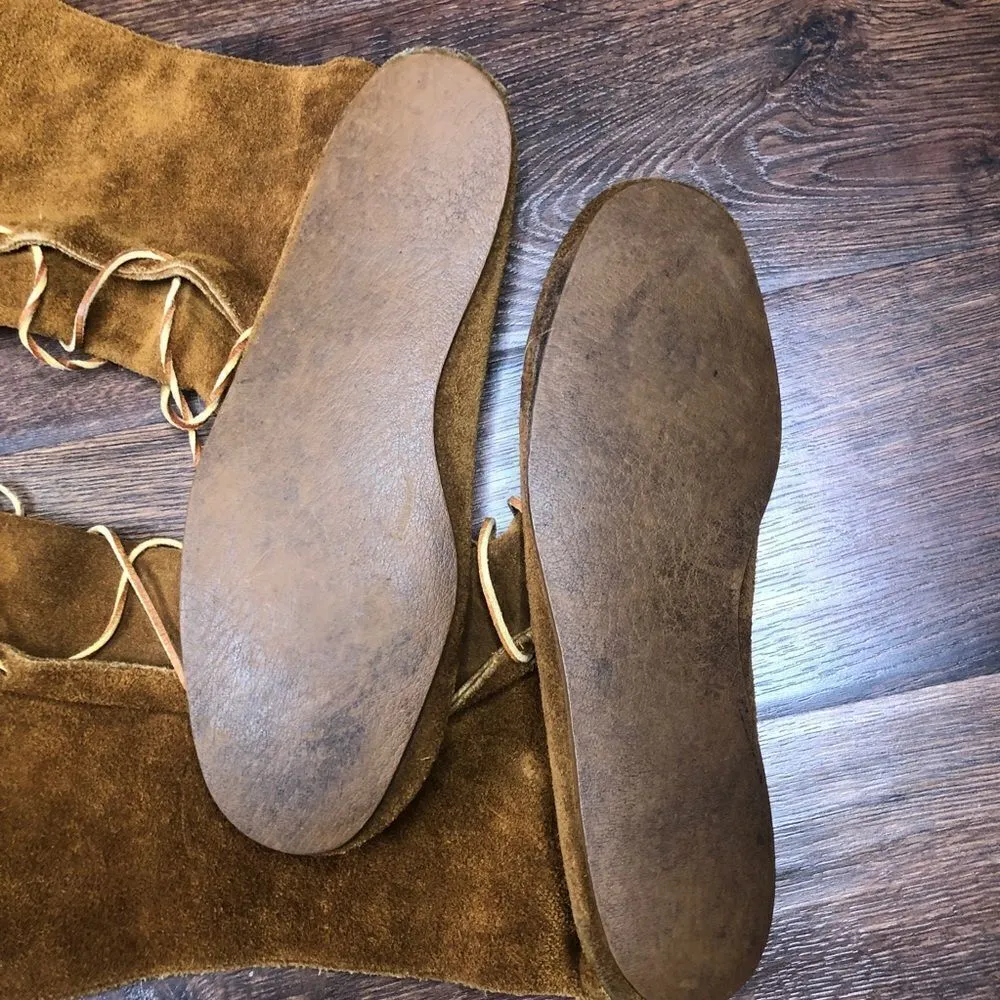 Minnetonka Vintage Fringe Tall Lace Boots Suede 10 Knee High Native Brown Tan - Image 4