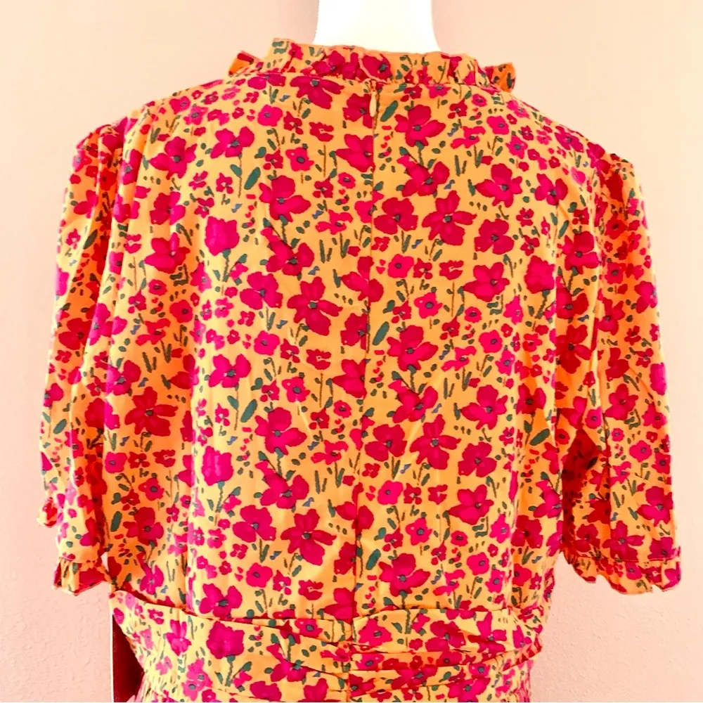 Ivy City Co Orange Pink Green Floral Print Pleated Dress - Image 6