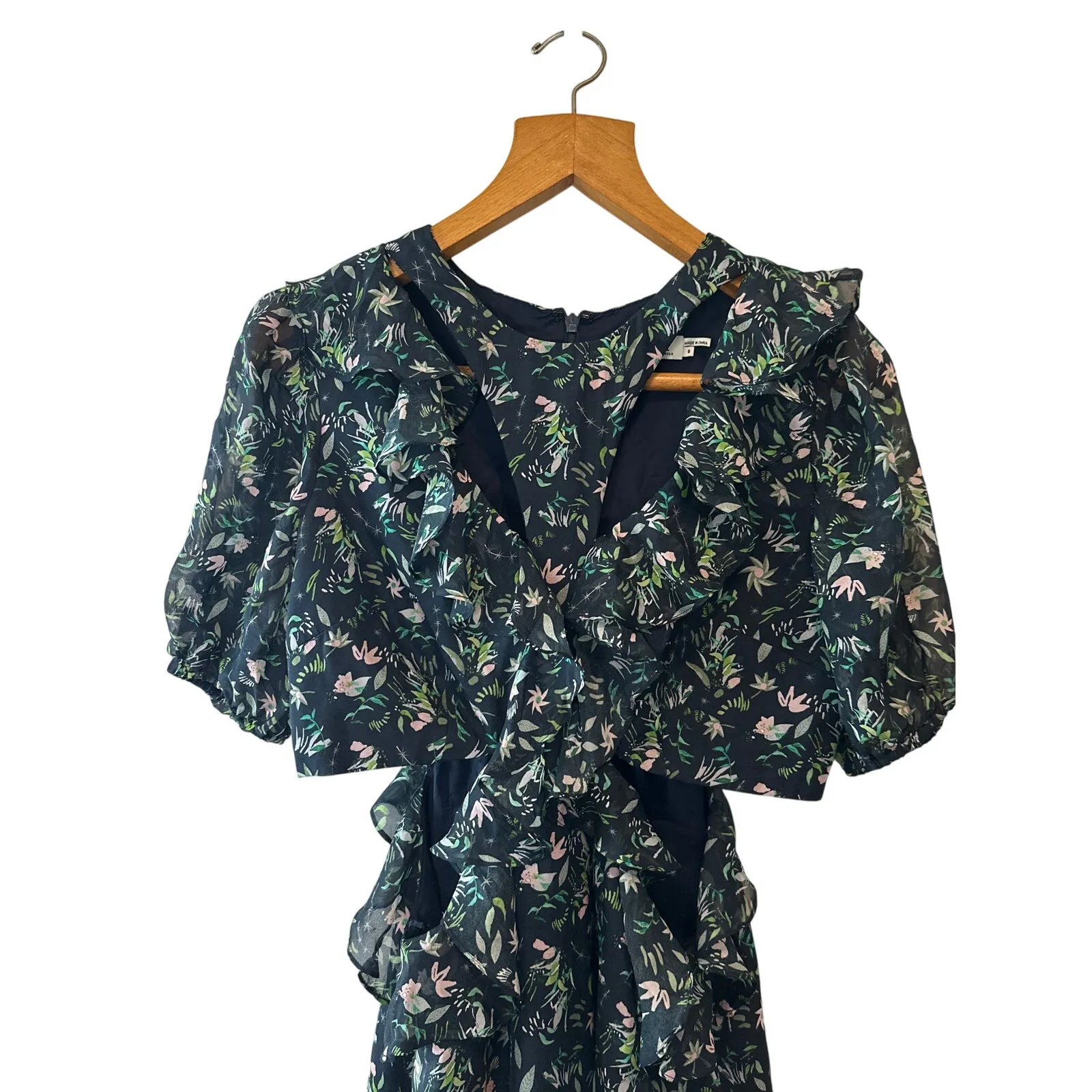 AMUR Carter Silk Blue Floral Cutout Ruffle Maxi Gown Size 8 - Image 6