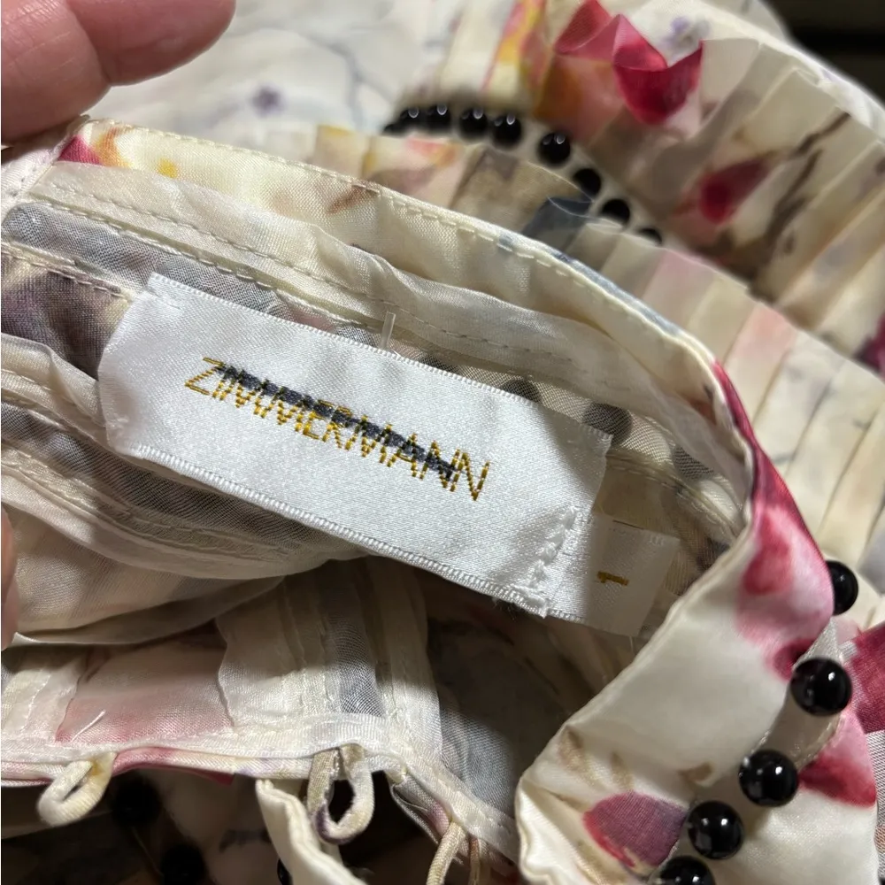 Cream and Red Floral Ruffle Blouse with High Collar - Image 10