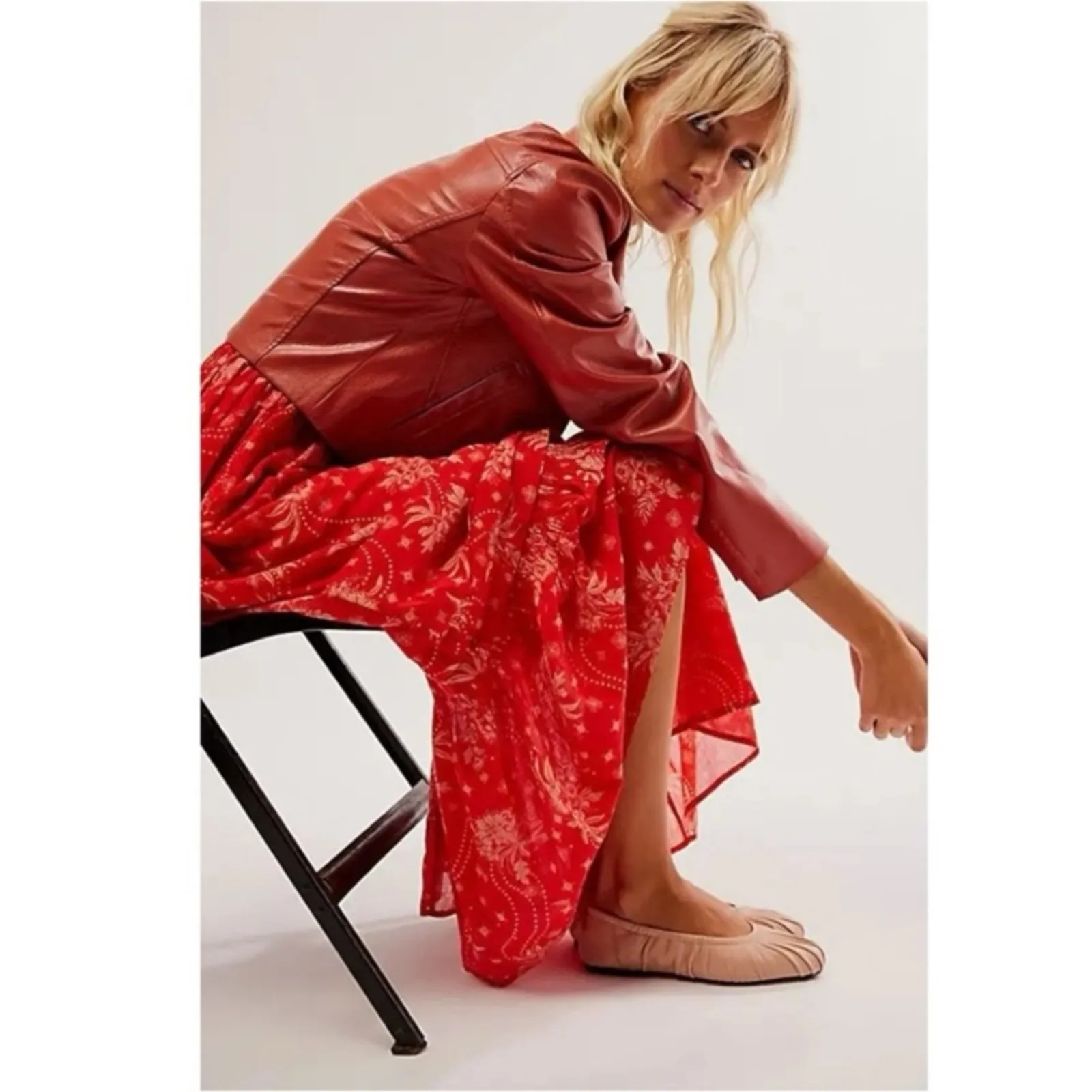 Free People Golden Hour Maxi Dress Cherry Red XL Bohemian Gypsy Retro 70s - Image 13