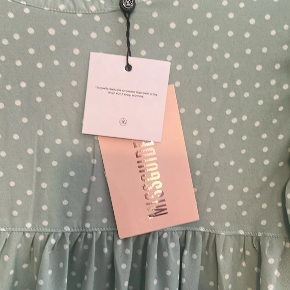 Peasant Mini Dress Puff Sleeve Mock Neck Green Polka Dot Size 4 - Image 3