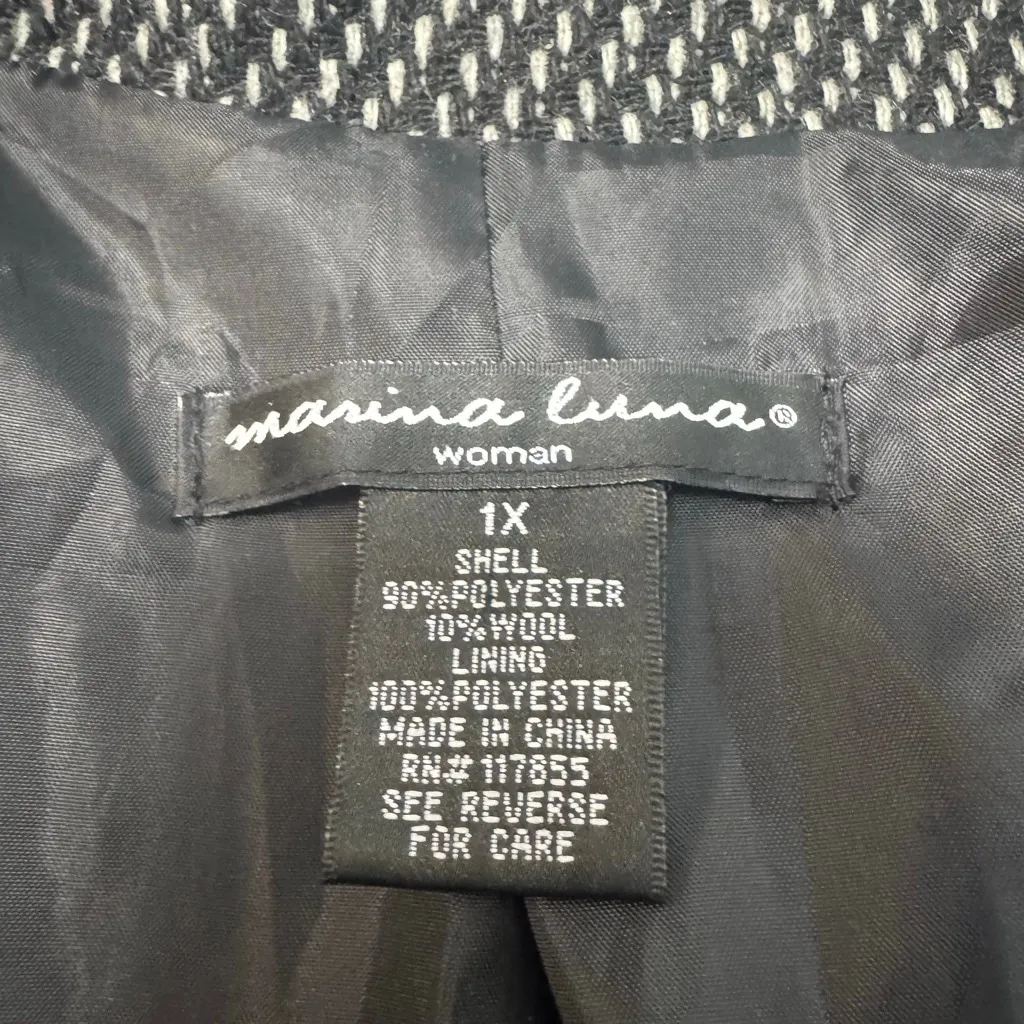 Marina Luna Black White Tweed Ruffle Front Coat 1X - Image 3