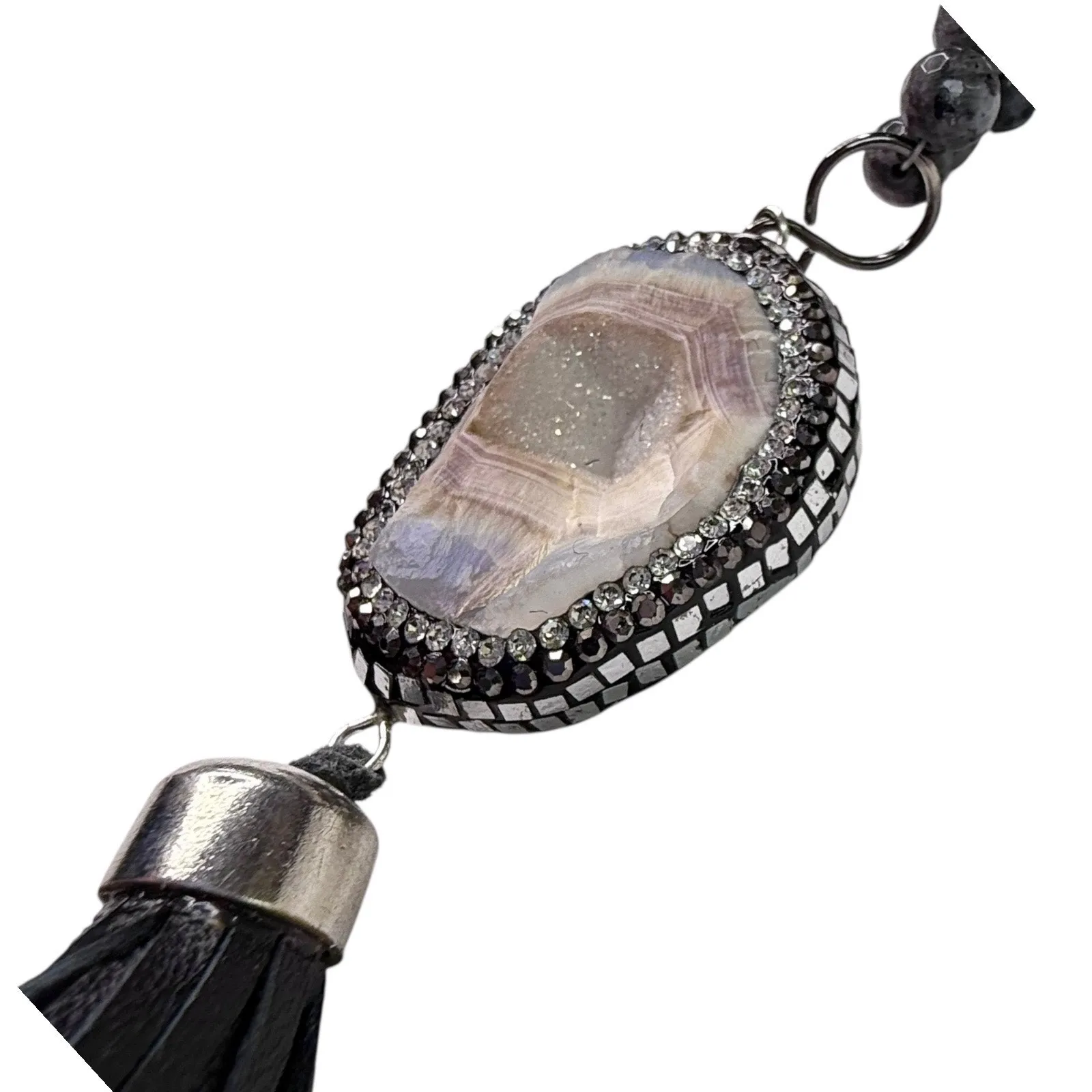 Emmis Jewelry Agate Geode Quartz Druzy NECKLACE Gem Stone Beaded Leather Fringe Gray - Image 5