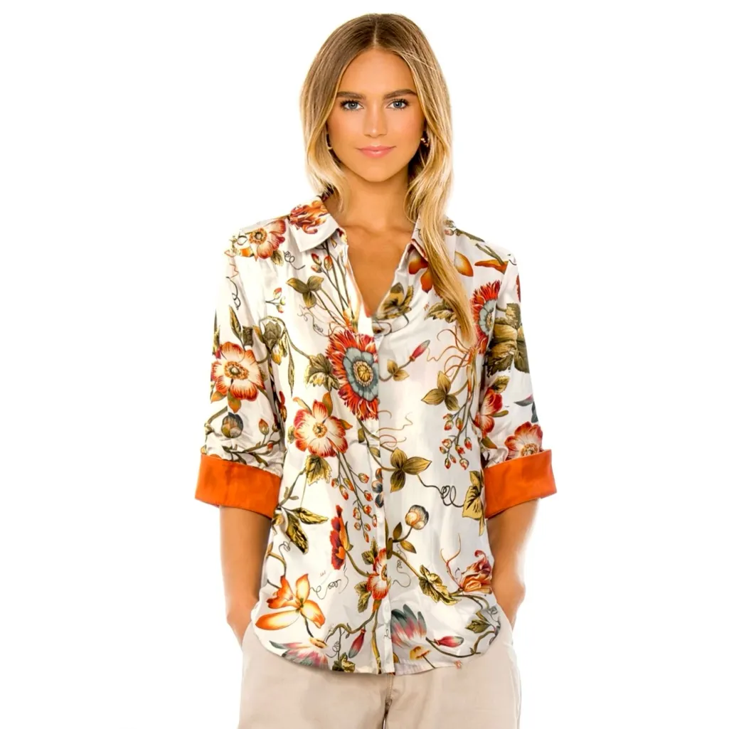 NWT Revolve x Perlavera Clara Abstract Flower Button Down Shirt in Ivy Orange - Image 9