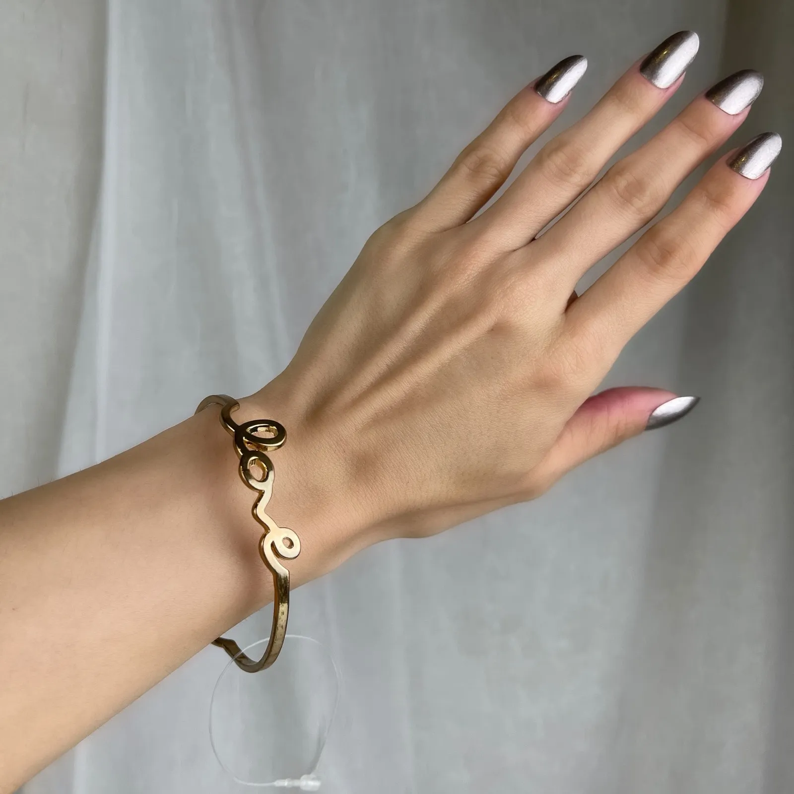 Dainty Gold Tone LOVE Cursive Bangle Bracelet Minimalist Romantic Boho NWOT - Image 3