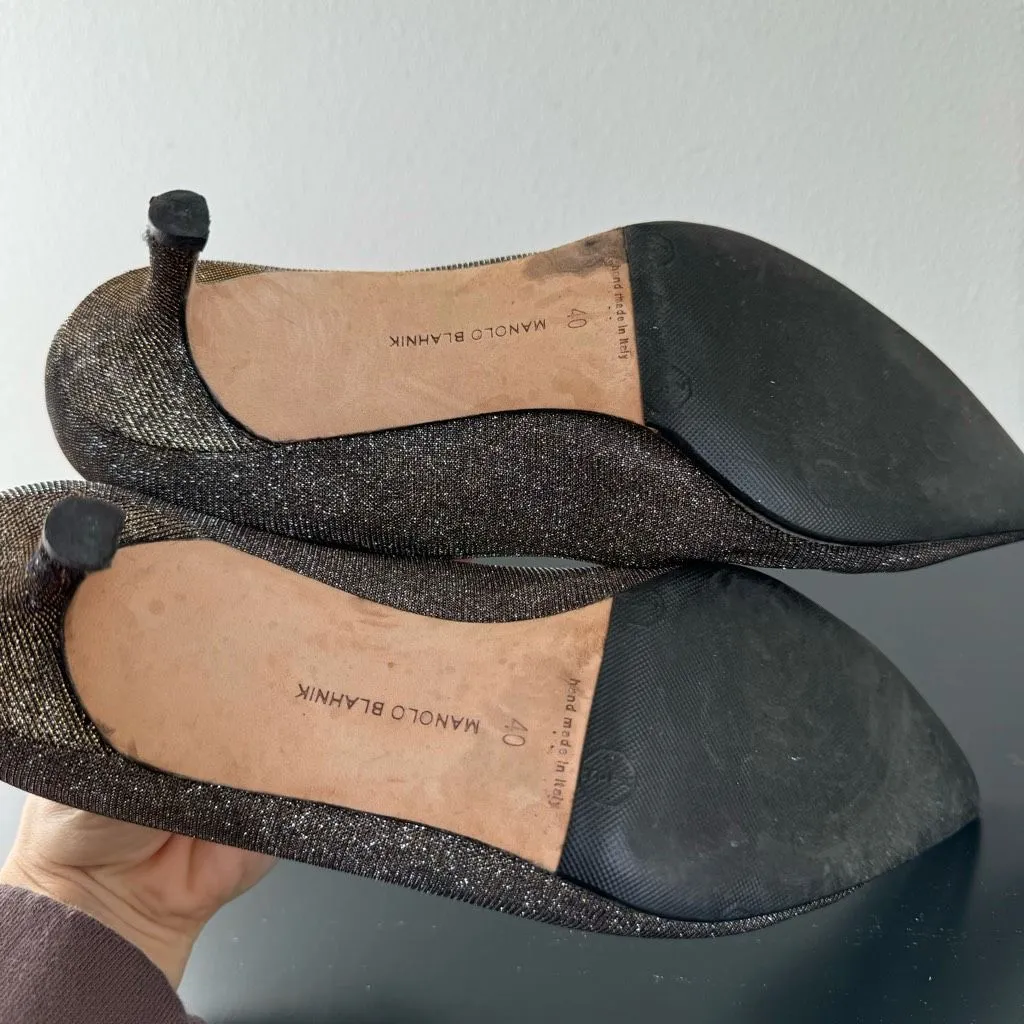 Manolo Blahnik Lurex Glitter Gold Metallic Pointed Kitten Heel Size 40 9.5 Party - Image 15