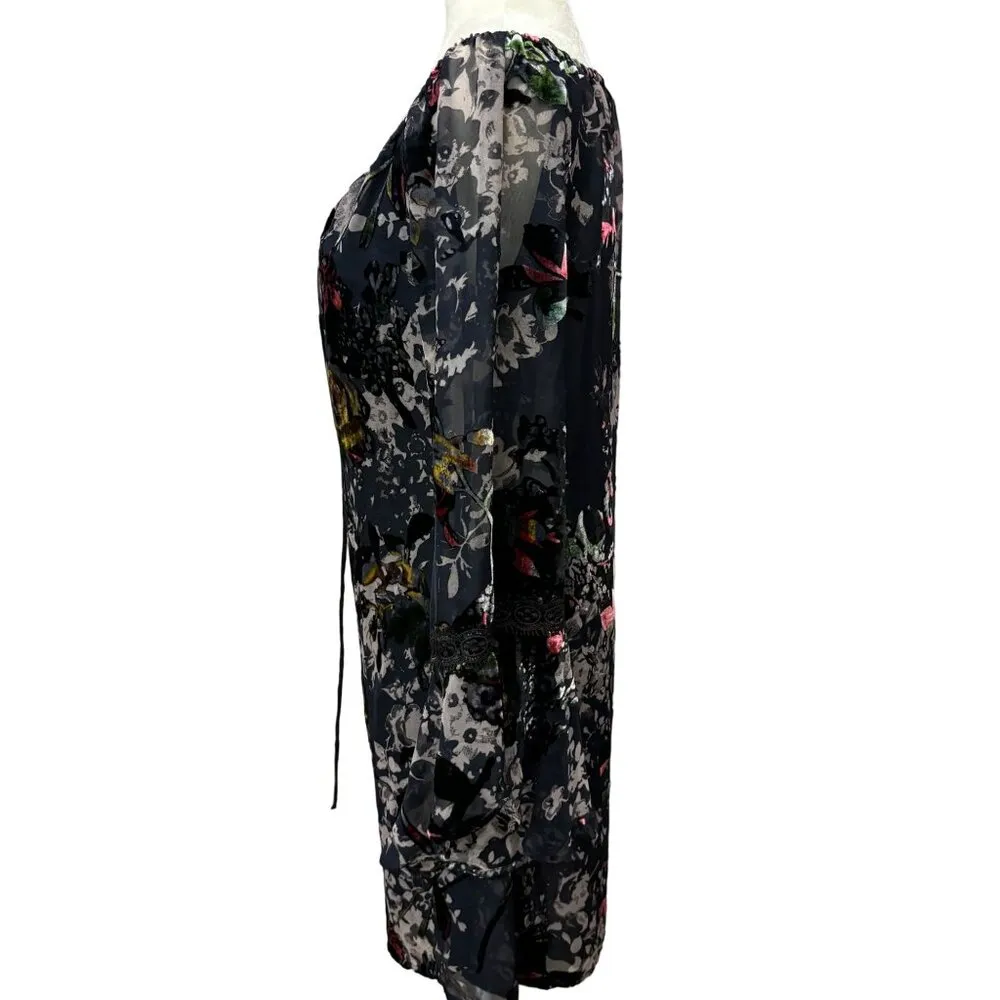Velvet Burnout Dress Floral Bell Sleeve Sz: M Whimsy Goth Fairy Cottage Bronte Size M - Image 4
