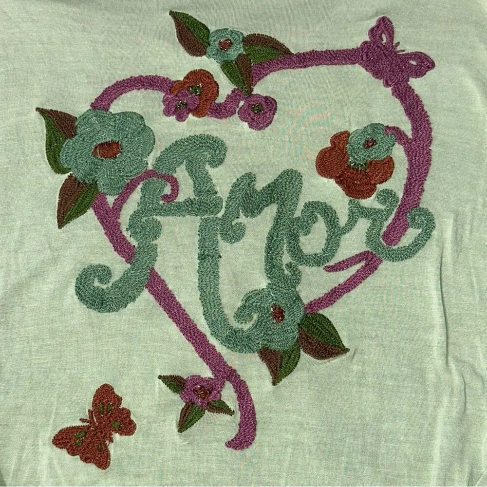 PSSSY Folk Collection Women’s Size M L Light Green Amor Heart Embroidered Top Size M - Image 6