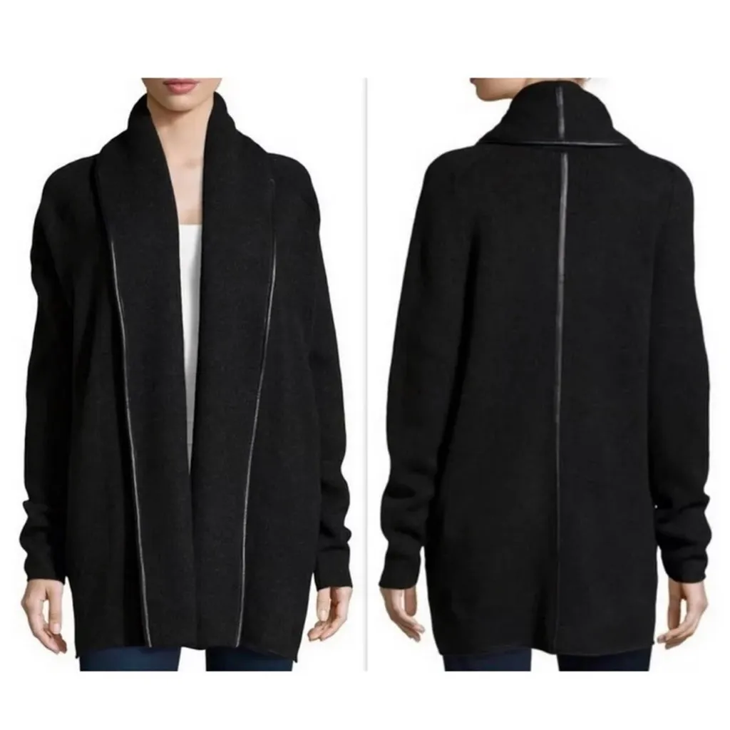 VINCE Open Front Yak & Wool Lambskin Leather-Trimmed Cardigan gray medium FLAWED - Image 10