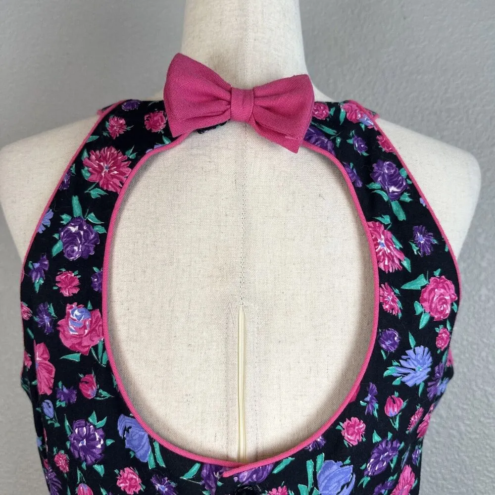 Vintage Lanz Womens Midi Dress 14 Black Floral Open Bow Back Pockets Made in USA - Image 7