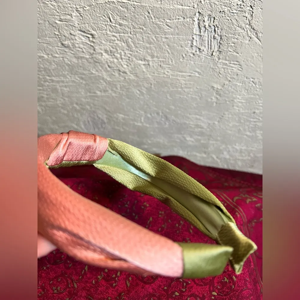 Headband NEW, salmon and pistachio green w middle knot, silk like fabric - Image 5