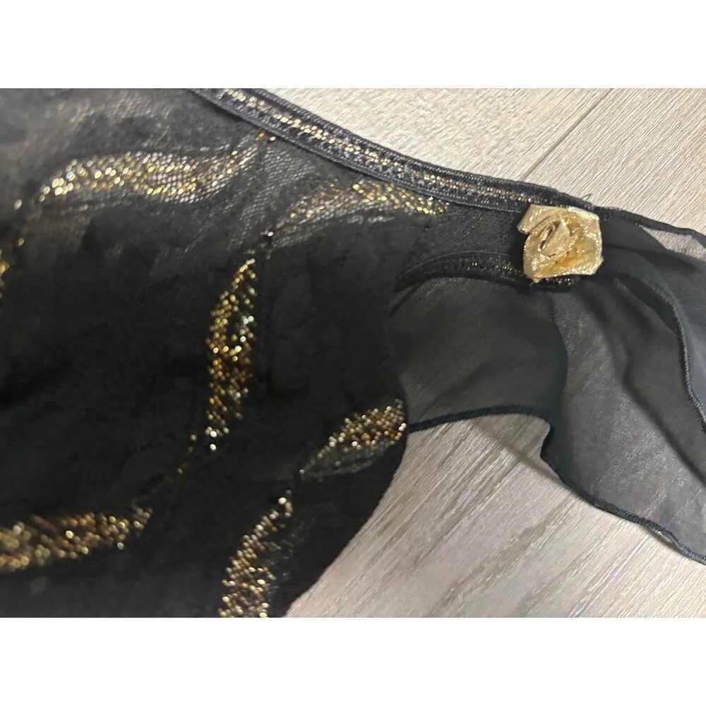 Mesh off the shoulder whimsygoth gold flower top Black - Image 5