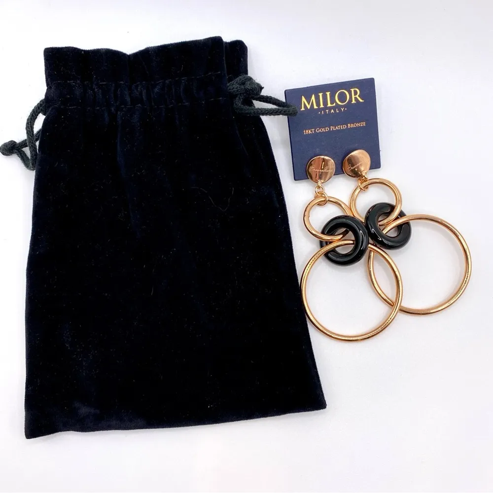 🆕 18kt Rose Gold Earrings Bronzallure & Onyx 3” Dangly Circle Hoop, MILOR ITALY Pink - Image 12