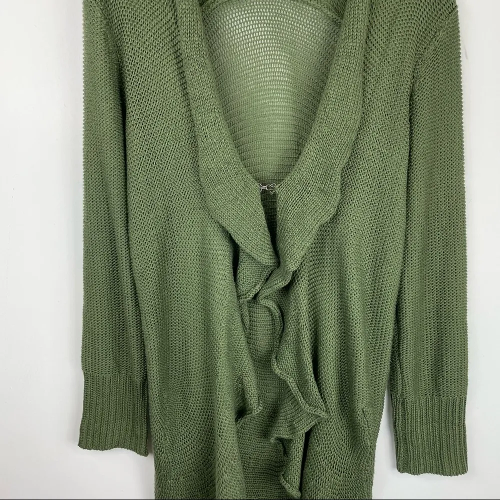 Umgee Sz Medium Green Ruffle Open Front Cardigan Sweater Hook Close Boho Cotton - Image 7