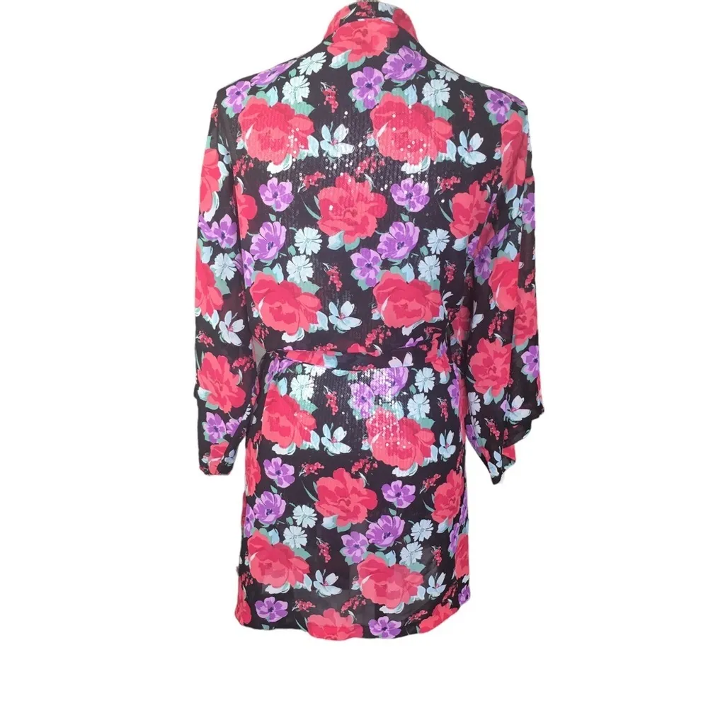 Flora by Flora Nikrooz sheer robe with tie floral black pink Large/X-Large - Image 2