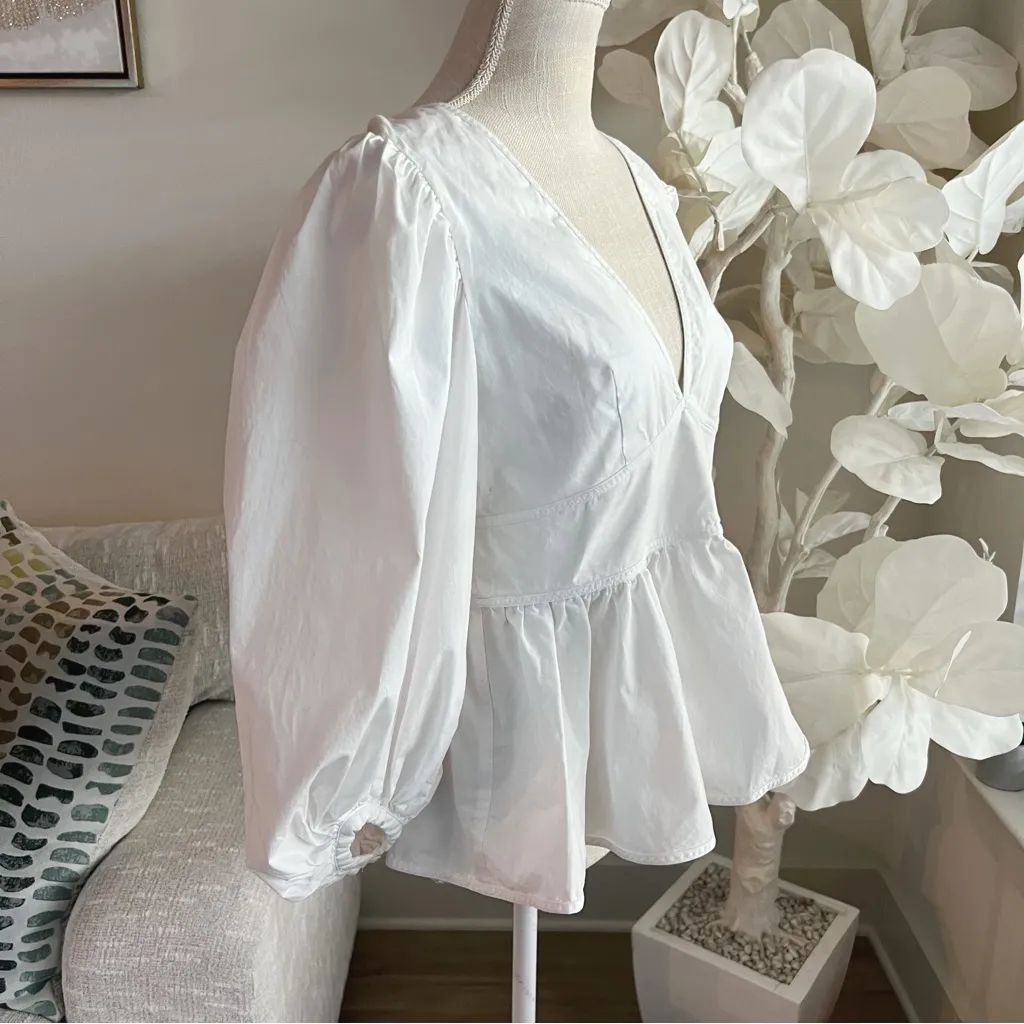Staud White Poplin Puff Sleeve Peplum Waist V Neck Top - Image 3