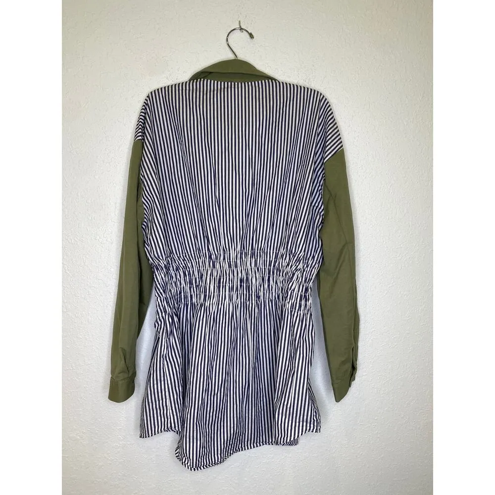 Zara Striped Smocked Waist Button Down Long Sleeve Peplum Tunic Blouse EUC Sz M - Image 4