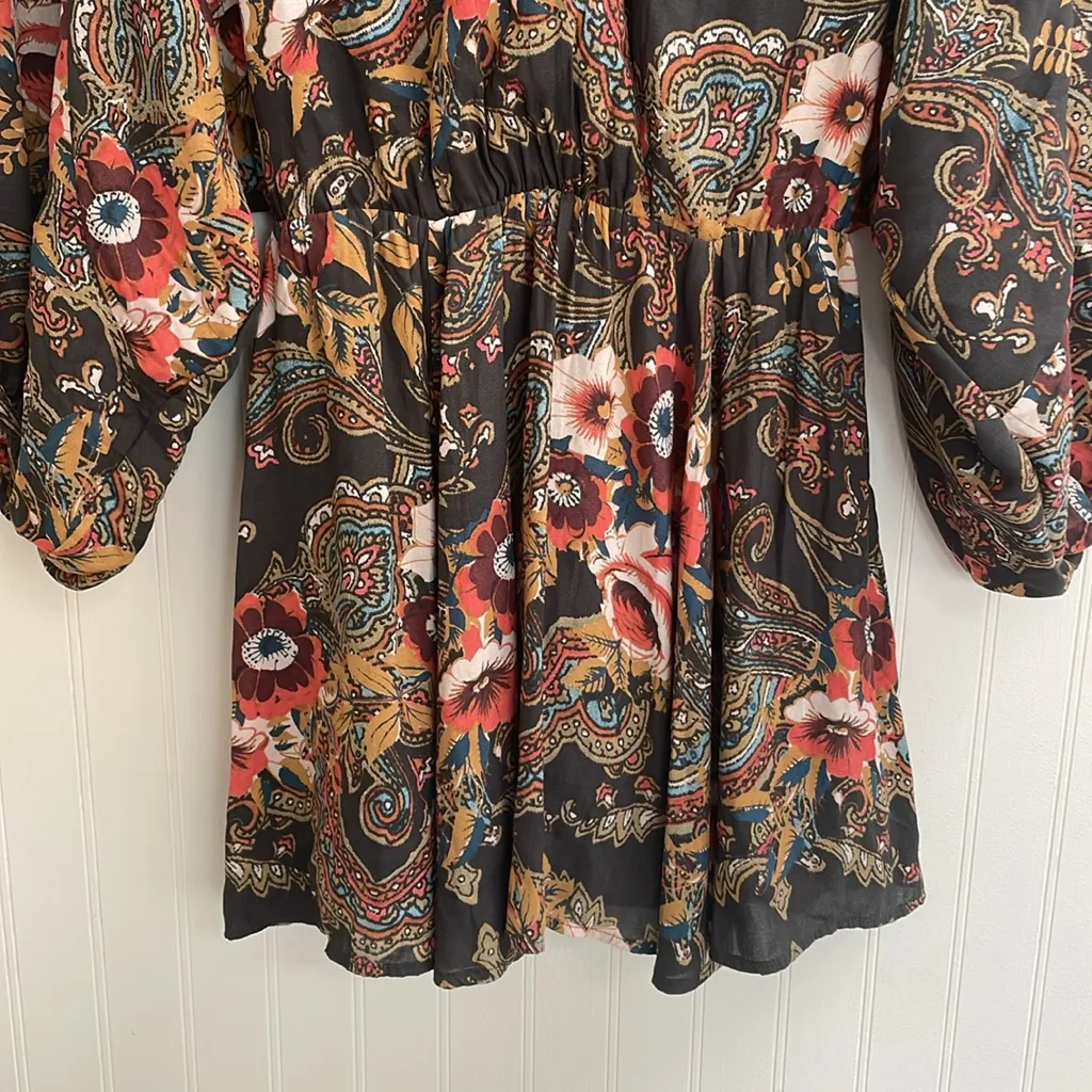 FREE PEOPLE High Plains Boho Mini Dress Black Paisley Floral Cottagecore Size XS - Image 7