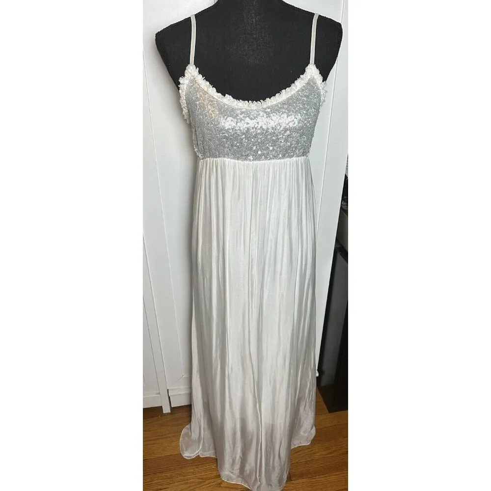 Scandal Women’s Italy White Silver Sequin Dress‎ With Straps Silk Blend Sz Small - Image 11