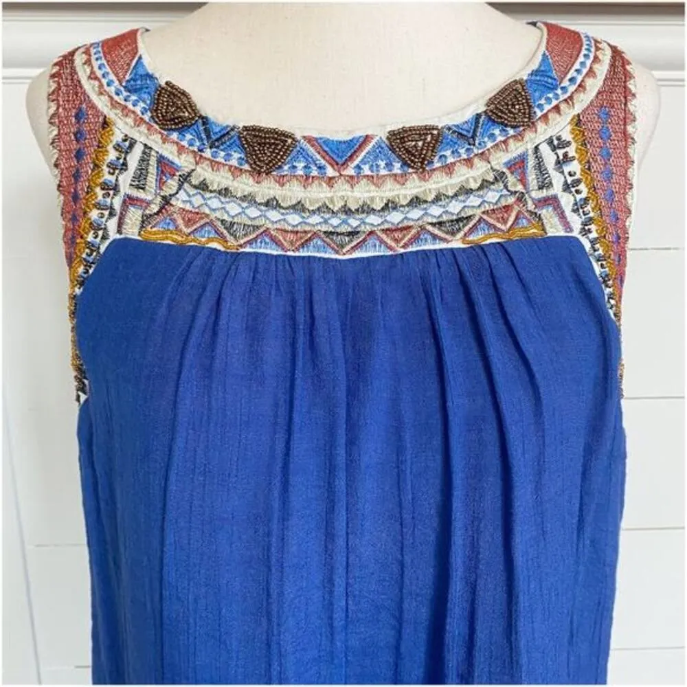 Luxoloxy Blue Sleeveless Beaded Crepe Embroidered Boho Dress - S‎ EUC - Image 6