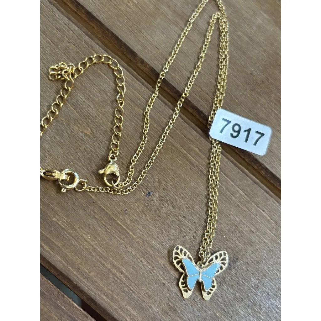 Gold Butterfly Pendant Necklace With Blue Enamel Wings & Adjustable Chain - Image 2