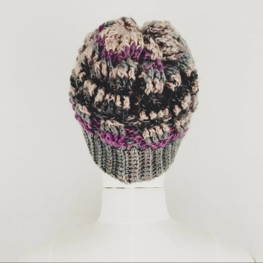 NEW Handmade Crocheted Cable Variegated Beanie in Purple and Gray - Image 3
