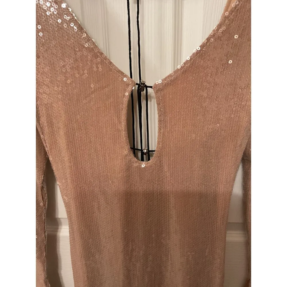 NWOT Meilun Deep V Dress Drawstring Long Sleeve Sequin Dress Long Gown, sz M Gold Size M - Image 10