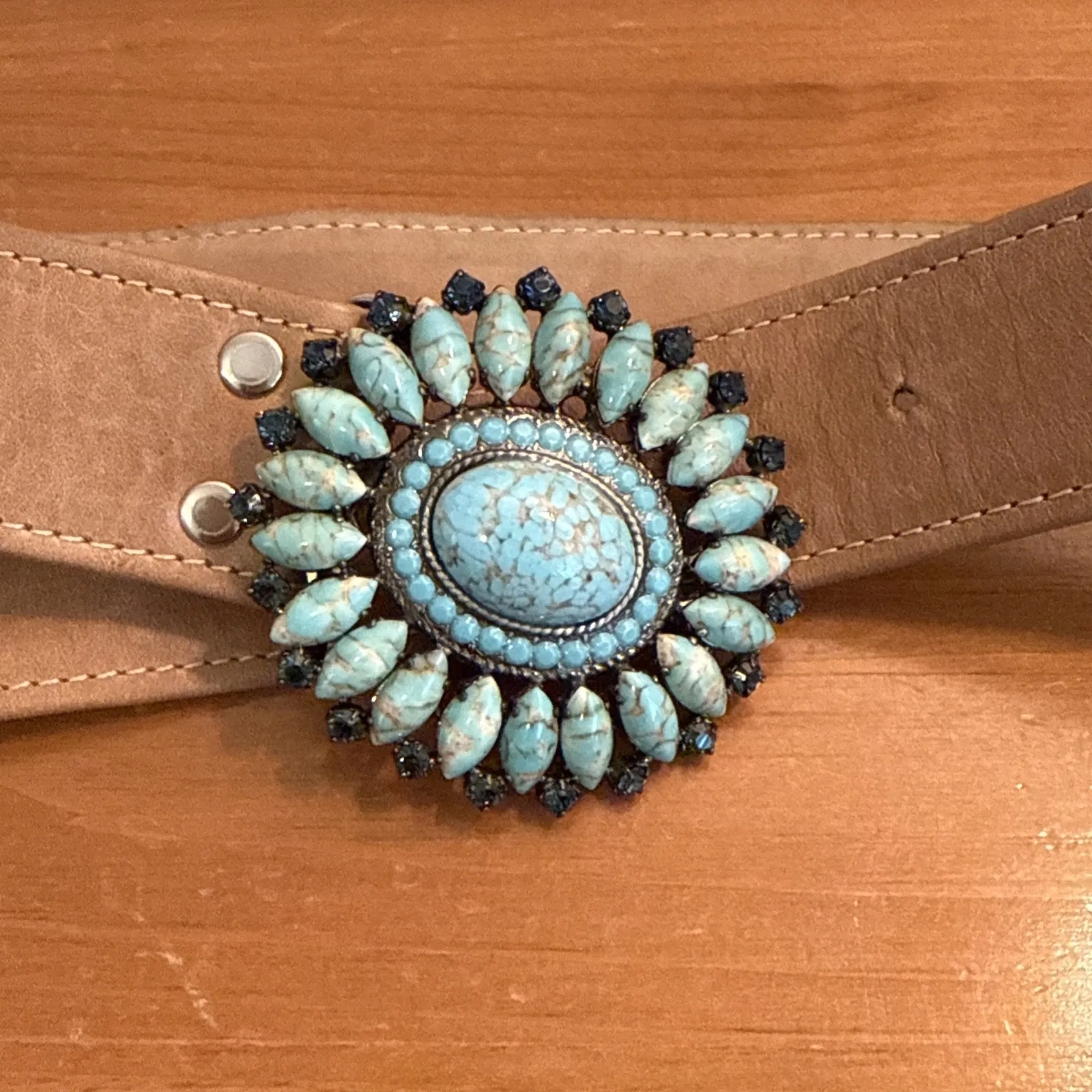 BB Simon Women's Medium Leather Belt Faux Turquoise Black Rhinestone Buckle Brown - Image 6