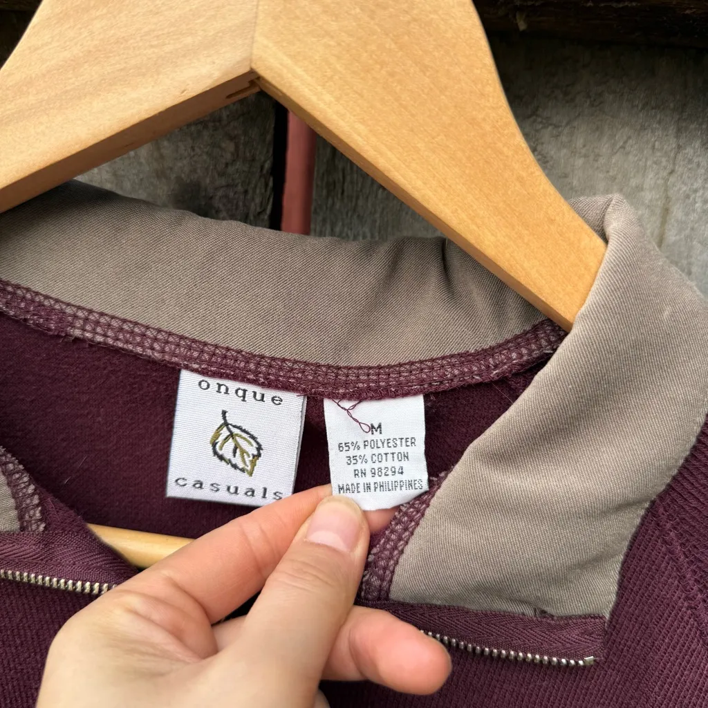 Onque Casuals Autumn Fall Thanksgiving Leaves Embroidered Quarter Zip Sweater Tan Size M - Image 4