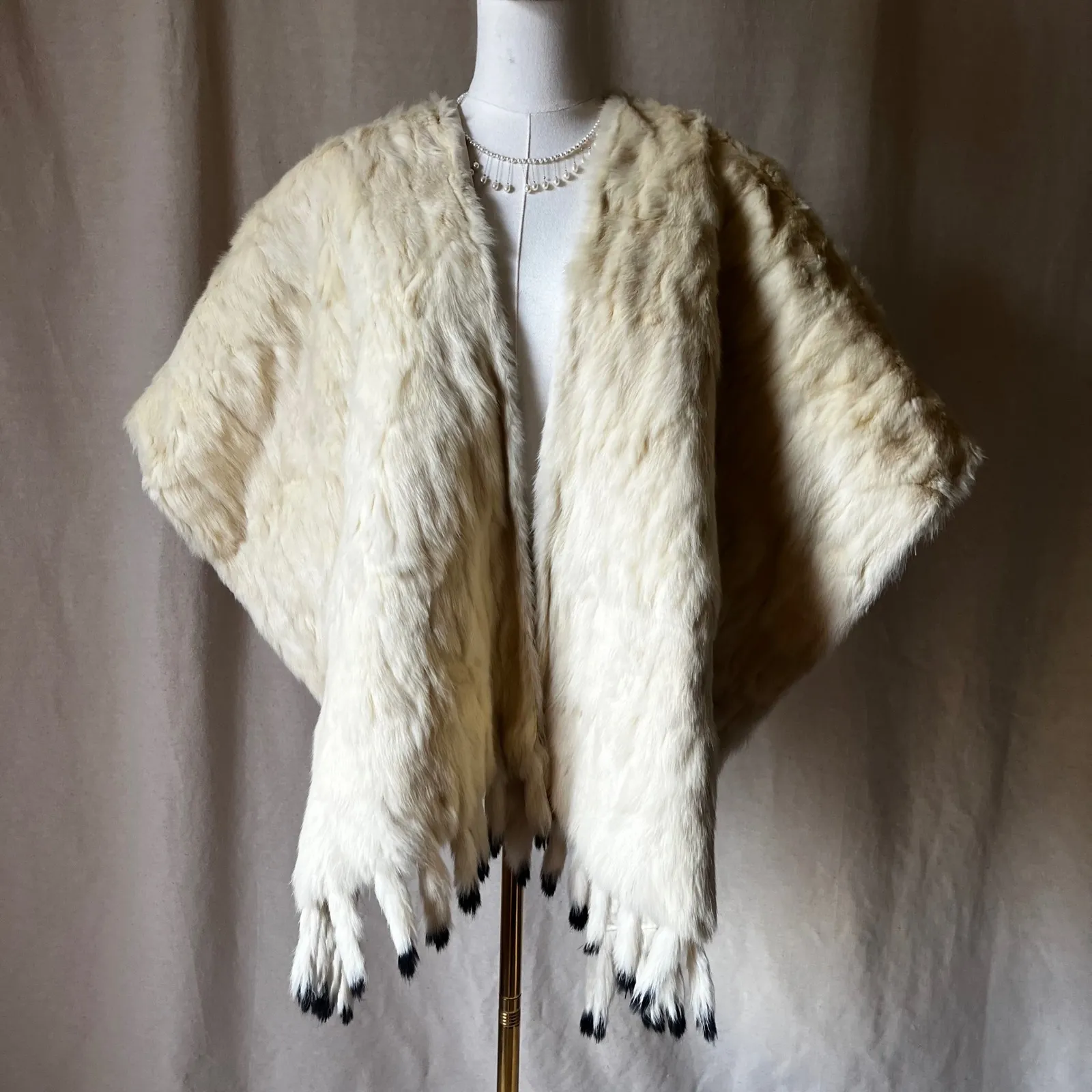 Vintage Buttercream Rabbit Fur Bridal Wrap w/ Black Tipped Tails‎ 43" Long Size undefined - Image 13